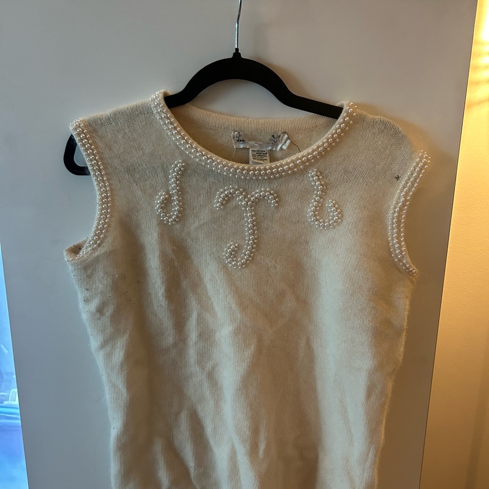 Cream Sleeveless Top with Pearl Embellishments- Angora Rabbit Hair